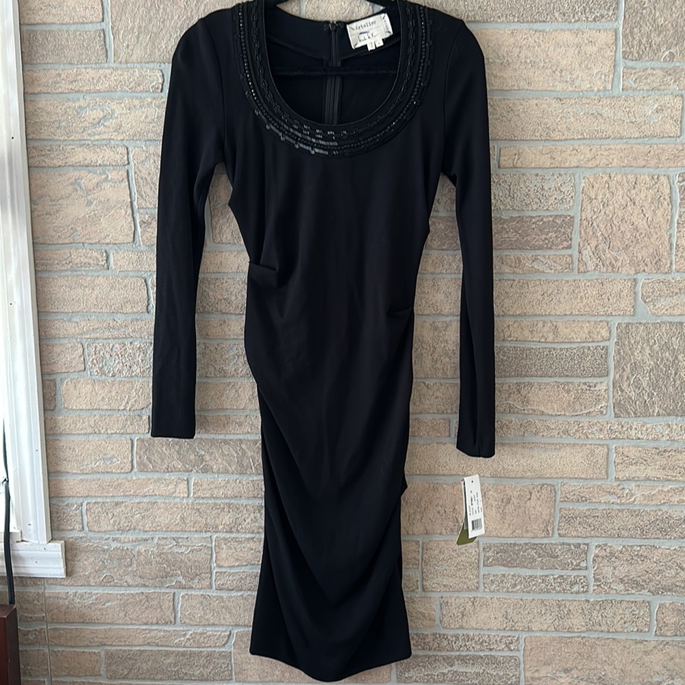NWT Nicole Miller ATELIER ruched bodycon long sleeves black beaded stretch Y2K